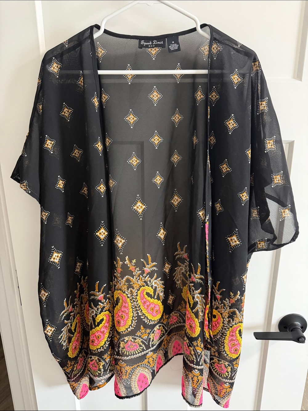 Sheer Black Paisley Kimono with Pink & Gold Embellished Border